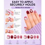 Wine‑Red Plaid Hello Kitty Press‑On Nails,3D Bow Silver Heart Short Rounded‑Square False Nails